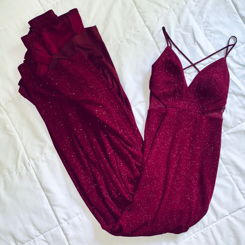 Sparkly Plum Prom Dress Mesh Cutout Side Slit